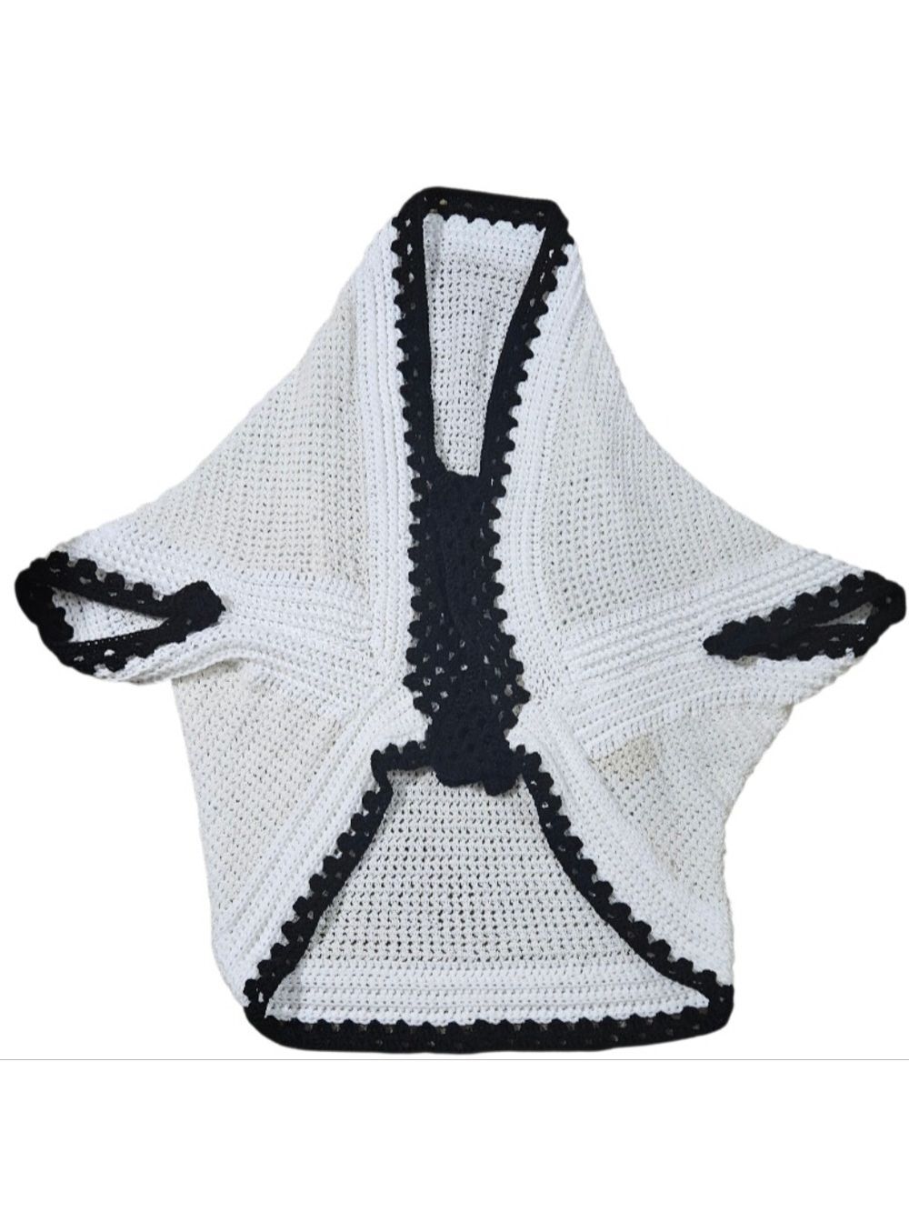 Handmade White Hand Knit Crochet Cocoon Cardigan Granny Square Black Open Front - Picture 10 of 17